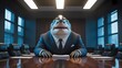 © Ross - Cartoon shark boss in business suit sitting at conference table in modern boardroom humorous corporate leadership concept