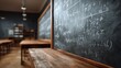 © PinkiePie - Blank chalkboard in a classroom with mathematical formulas erased/blurred on edges, education copy space