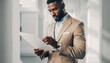 © Atok Nahla - A businessman in a tan suit examines a document while standing in a bright office with large windows and a modern architecture