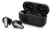 © Yahia - Black wireless earbuds displayed with open charging case on white surface from a high angle