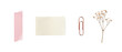 © Vitalo4ok - Pink washi tape strip, torn white paper note, rose gold paperclip and dried baby's breath isolated on transparent background. Minimal stationery collage elements for scrapbook and branding.