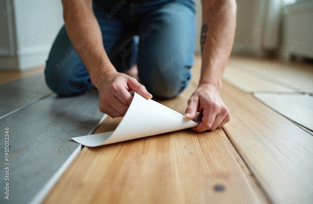 Man installs new vinyl plank flooring over old wood floor. Close-up ...
