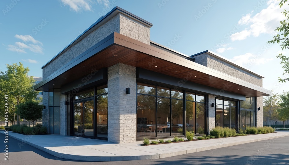Modern commercial building exterior with large glass windows and stone ...