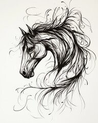 Naklejka na meble Art shows a horse head with flowing mane, created using black lines and swirls on a white background, capturing movement and grace