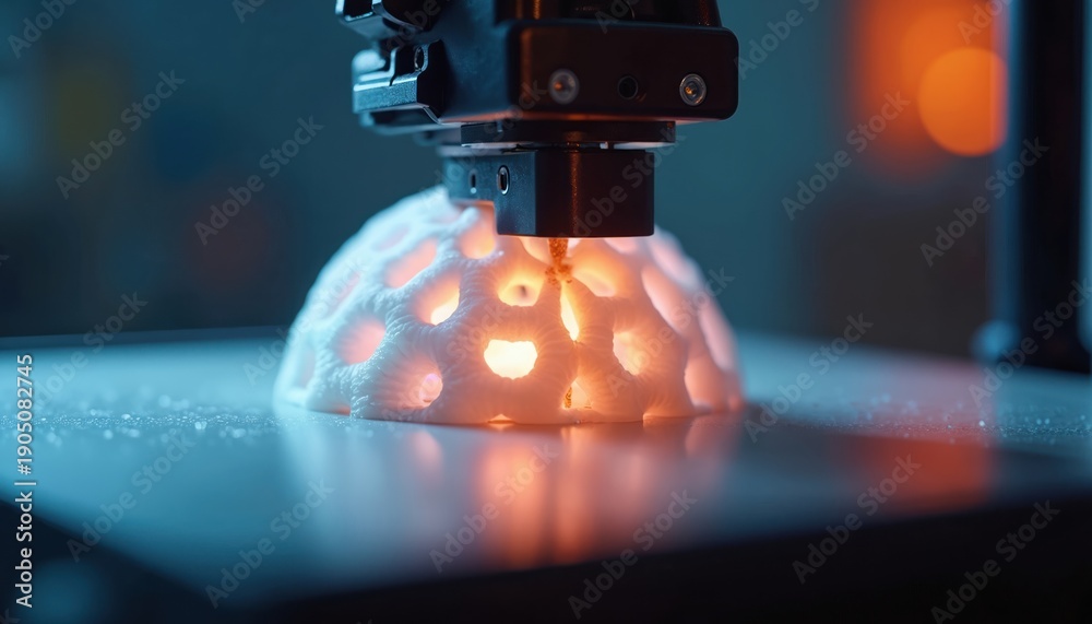 3D printer makes white lattice object with glowing orange light inside ...