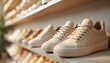 © Viktor - Various neutral toned sneakers arranged on store shelves. Casual footwear collection offers comfort, style for everyday wear. Modern shoe designs for fashion-conscious individuals seeking versatile