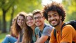 © Viktor - Diverse young adults sit together outdoors, smiling happily on a sunny day. Group of friends with backpacks enjoy time on campus, embodying youth and positive education.