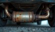 © Viktor - Rusty car exhaust system part close-up. Old catalytic converter under vehicle showing signs of wear and tear. Automotive maintenance and repair concept.