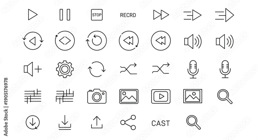 Collection of media control and playback icons for interface design ...