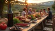 © Maryna - People eat dinner at long wooden table outside during sunset. Friends eat farm fresh food with bread wine and fruit. Outdoor country party with lights.