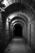© Maryna - Long dark brick tunnel passage with arching ceiling and floor lights. Empty underground corridor receding into blackness. Historic stone architecture, ancient fort interior.