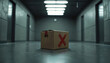 © Maryna - Cardboard box with red cross marked on it sits unattended in office building hallway. Unidentified parcel causes suspicion and safety concerns.