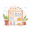 © Rawit - Shelves with various jars and containers displayed with potted plants on either side viewed from the front in a minimalist environment