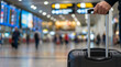 © patawee - Close-up of a person's hand gripping a suitcase handle in a busy, bustling airport terminal with blurred departure boards and travelers in the background