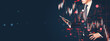 © Who is Danny - Businessman using tablet with stock market candlestick chart overlay on dark background, representing financial data and investment analytics.