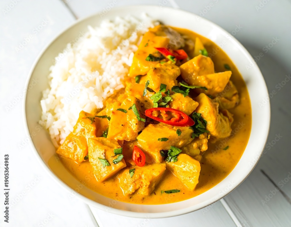 Delicious chicken curry with rice garnished with herbs and chili Stock ...