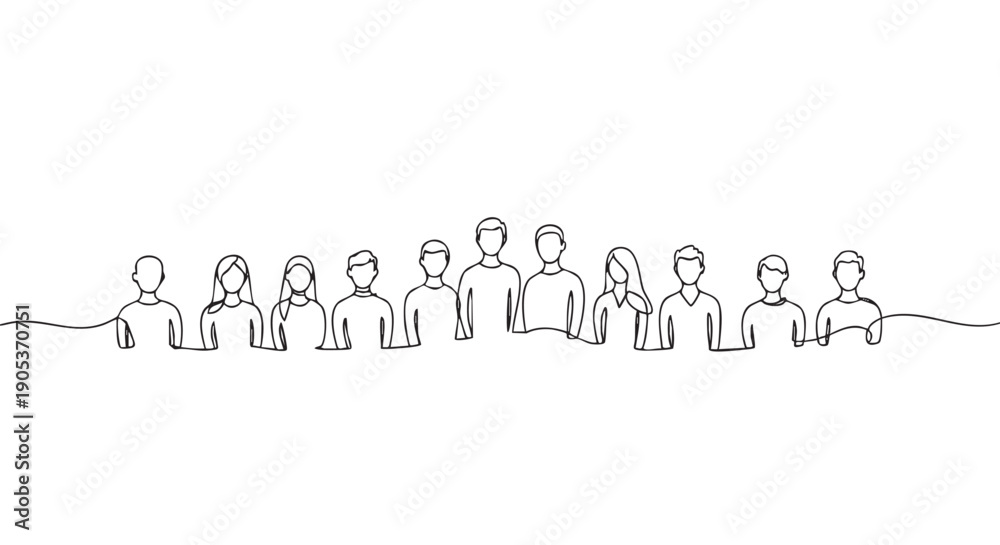 Continuous line drawing of diverse people standing together in a row ...