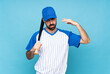 © luismolinero - Young man playing baseball over isolated blue background with tired and sick expression