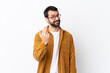 © luismolinero - Caucasian handsome man with beard wearing a corduroy jacket over isolated white background inviting to come with hand. Happy that you came