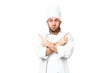 © luismolinero - Young blonde man Chef over isolated chroma key background pointing to the laterals having doubts