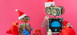 © besjunior - Big robot Santa gazing at small robot Santa with huge present sack and gift box. Gift giving concept, New Year invitation leaflet, toy donation flyer