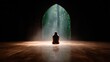 © Dulemegapixel - A solitary figure sits in meditation within a dimly lit, sacred space, basking in natural light filtering through an archway, highlighting themes of tranquility and reflection.