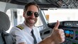 © Jane_S - Male pilot wearing uniform and sunglasses giving thumbs up in airplane cockpit
