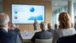 © Fahroni - Executive presenting to board members with screen displaying environmental impact metrics and reduction targets in business meeting room, corporate strategy and performance reporting.