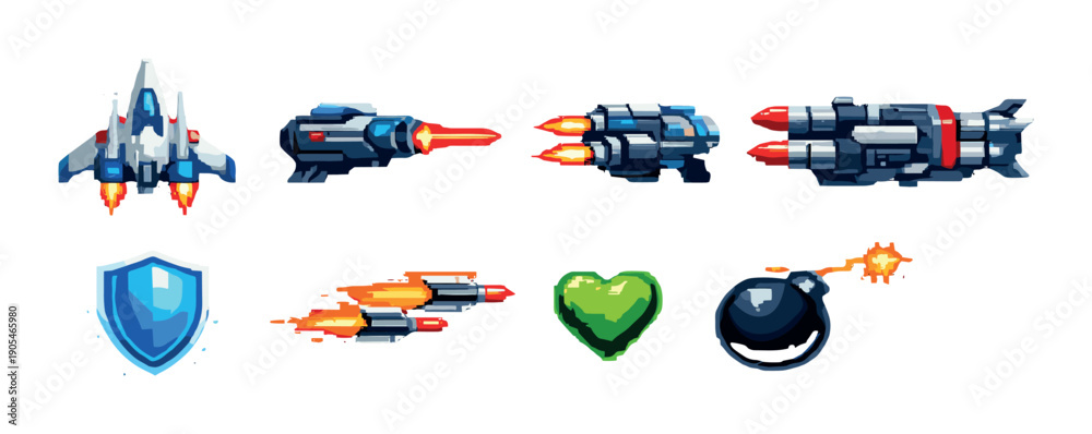 Retro space shooter game icons with spaceship and weapons Stock Vector ...
