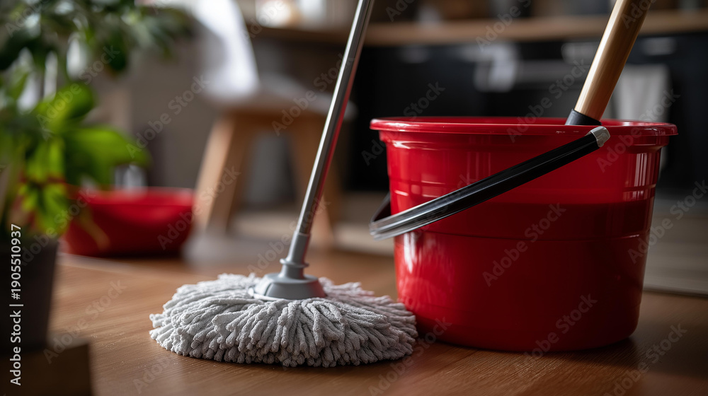 Red Janitor Closeup of red bucket and mop for cleaning premises, cleaning supplies ...