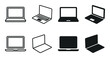 © David - Set of black laptop computer icons in various minimalist styles including line art and solid silhouette shapes shown from front and isometric perspectives