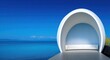 © wilson - A white futuristic minimalist pavilion with an oval shape overlooking a sea view, made of smooth material with blue panels, showcasing modern architecture
