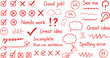 © MSTNAZIA - A collection of red and brown handwritten style proofreading and editing marks and comments on a white background