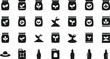 © Bappi - Black silhouette vector icon set featuring fertilizer bags, sprouting plants, gardening hats, and various chemical or nutrient bottles