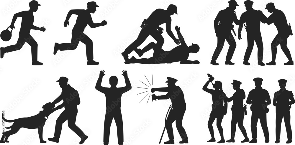Police and Criminal Silhouette Vector Set Featuring Arrest Scenes ...