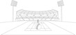 © Asad - Black and white line art illustration depicts a grand cricket stadium setup featuring a pitch with stumps and a leather ball ready for competition under bright floodlights.