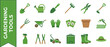 © MDSHAHAB - Comprehensive Gardening Tools Icon Set with Green Flat Vector Illustrations of Shovel, Watering Can, Rake, Wheelbarrow, Lawnmower, Pruning Shears, Gloves, Boots, and Essential Garden Equipment.