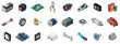 © Asep - Isometric Icons of Industrial Automation and Robotics Components: Collection featuring Motors, Sensors, PCBs, Grippers, Actuators, and Mechanical Engineering Parts.