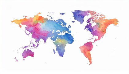 Naklejka na meble Watercolor world map with continents painted in vibrant pink, purple, blue, orange, and yellow tones on a white background, blending geography with artistic expression.