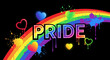 © PhotoArtHub - Colorful rainbow with hearts and paint splashes on black background. Word pride. Representative of tolerance, diversity, acceptance and identity