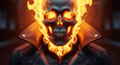© Venom - A menacing skull with fiery eyes and flames surrounding its head, wearing a leather jacket, viewed closely in a dark environment