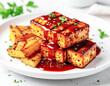 © Bill - BBQ sauce on grilled tofu served parsnips, white plate. AI