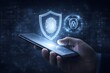 © sumonnath - Person's hand holding smartphone displaying fingerprint and padlock icons, symbolizing mobile security and data protection