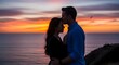© StockbyJu - A romantic couple shares a tender moment on a cliff overlooking the ocean at sunset