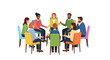 © Nous - Diverse group of people holding hands in a circle, seated on colorful chairs, illustration of unity and togetherness from an overhead viewpoint