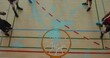 © vectorfusionart - Centering hoop and net showing players standing on wooden court, with lines, shorts, water bottle