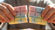 © Aura - Close up hands snapping a multi colored pastel chocolate bar in half revealing a soft cream filling inside under bright sunlight