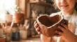 © Oleg - Smiling girl holding a handmade clay heart bowl in a pottery studio with muddy hands and an apron. Young artist shaping ceramics on a workbench in a craft workshop with brushes pots and natural