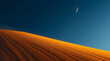 © Prigel Thinking - Beautiful desert sand dunes at night with crescent moon, serene Arabic landscape background for Ramadan and travel