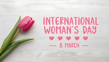  A pink tulip and hearts on a white background celebrating International Woman's Day on March 8th